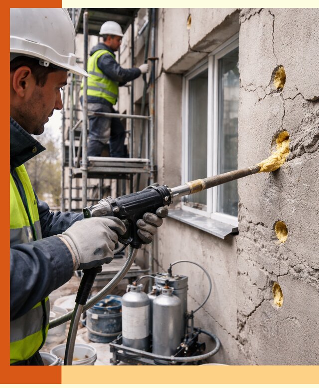 Заполнение пустот в фасаде и утепление стен в Минусинске